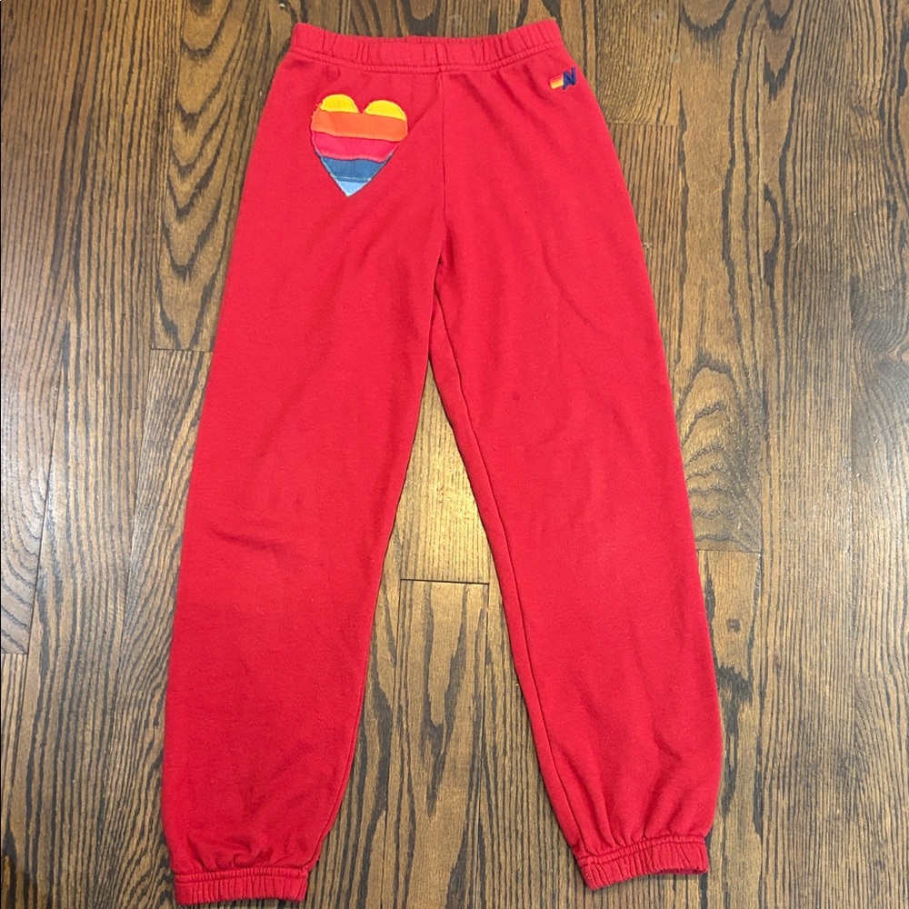 Aviator Nation Red Sweatpants with Rainbow Heart Patch sz 10 girl